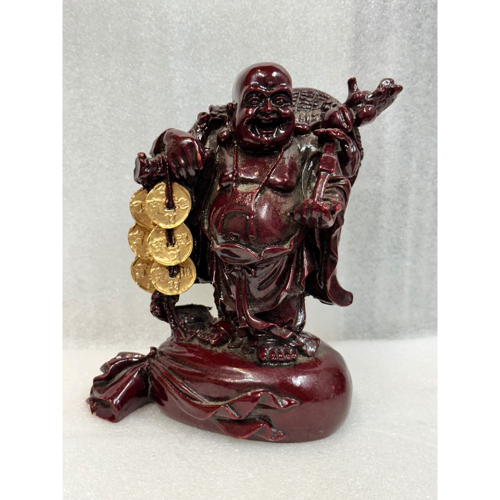 Laughing Buddha Figurine Happy Man Wealth Coins Carrying Bag Statue Decor
